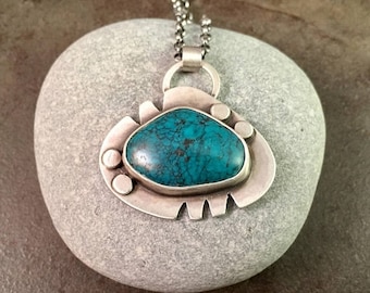 25% Off Turquoise Cabochon Sterling Silver Southwestern Metalwork Necklace Pendant