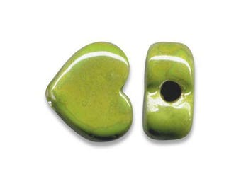 2 ceramic hearts Greek 12 x 10 mm yellow green