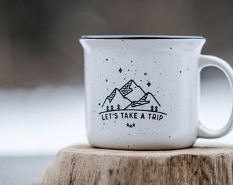 Adventure Mug Let's Take A Trip Campfire Coffee Mug // Adventure Gift Campfire Mug Travel Campfire Mug Enamel Mug Farmhouse Coffee Mug