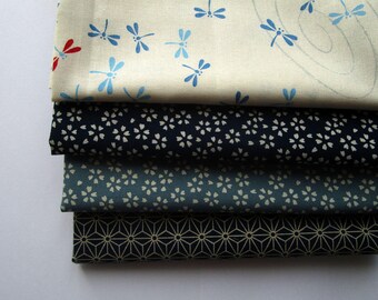 Set of 4 coupons 45 x 35 cm Japanese fabric - dragonflies - Navy and white