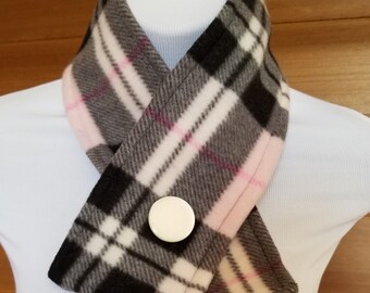 Pink, Black, and White Neck warmer, scarflette with vintage large cream button