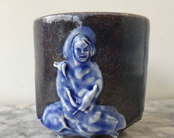 Buddha Tea Cup Yunomi Blue Glazed Stoneware Art Porcelain Slip Painting Vessel, Bas Relief Sculpture Cup