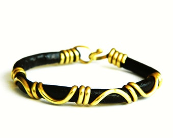 gold bracelet, leather bracelet, brass bracelet,