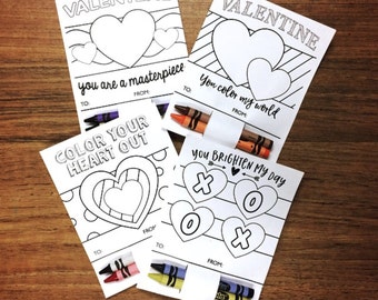 DIY Printable Valentines for Kids/ Color in Valentines/ Crayon Valentine's Day Card/ Instant Download/ Valentine Coloring Pages/ Colouring