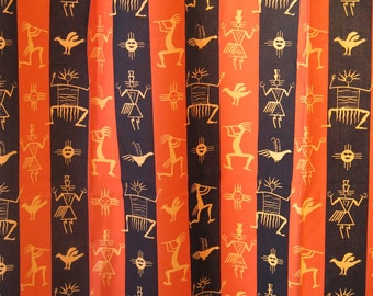 Set of 2 Vintage Long Curtains, Cotton Fabric, Tribal Pattern, each: 180 x 149 cm / 70.8 x 58.6 inch Orange Black Striped Curtains #2-11