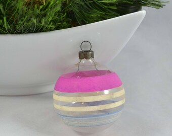 Vintage Unsilvered Christmas Ornament, Unsilvered Pink And White Glass Ball Made In The USA Ornament