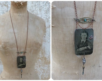 Sagesse Assemblage necklace with Victorian tintype photography & other Antique pieces