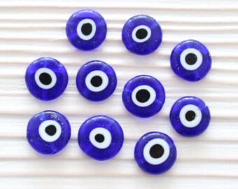 10pc-12mm evil eye beads, flat glass beads, lamp work beads, navy blue, blue evil eye, glass beads, handmade, evil eye glass, round beads