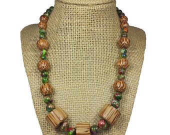 Chunky Wood and Stone Necklace - Wood Necklace - Palmwood Necklace