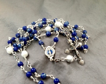 Blue Miraculous Medal Silver Wire Wrapped Unbreakable Rosary