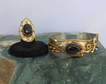 Vintage Boho Hammered Silvertone & Brass Cuff Bracelet Ring Set Braided Hand-Crafted Jewelry Adjustable Size