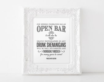 Open Bar Wedding Sign, Printable Wedding Sign, Shenanigans Sign, Funny Wedding Sign, Instant Download, 8x10, PDF Instant Download #BPB152_65