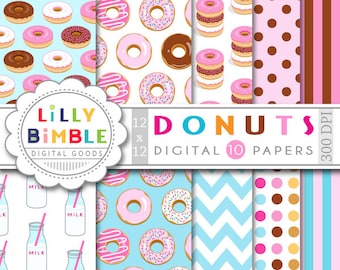 Donut digital paper with donuts, milk bottles, for birthday invites, scrapbooking, Instant Download commercial use
