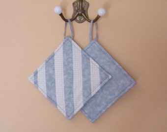 Kitchen Pot Holders, Set of Two Strip Pieced Pot Holders, Gift for Under 10, Housewarming Gift, Hostess Gift, Christmas or Birthday Gift Set