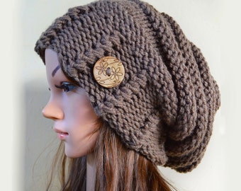Slouchy beanie hat with button - TAUPE (or chose color) - Oversized - chunky - handmade - vegan friendly - baggy - Under 50