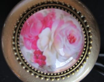 Gorgeous Golden Bronze Pink & White Cabbage Roses Shabby So Chic Interior Door Knob Set ORNATE