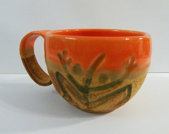Coffee cup. Orange ceramic coffee mug - tea cup - espresso mug: orange ceramic mug wheel thrown with Coquí and Sun (medium)