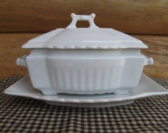 Johnson Bros. 3-piece Ironstone Covered Dish and Under plate.