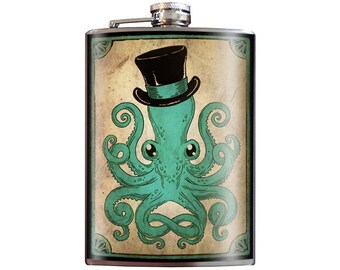 Gentleman Octopus- 8oz Stainless Steel Flask - comes in a GIFT BOX -  by Trixie & Milo