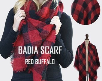 Free Shipping - Monogrammed badia scarf, embroidery personalized buffalo plaid extra large blanket scarves, fringe detail, wrap scarf