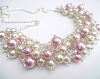 Ivory and Pink Pearl Necklace, Bridesmaid Jewelry, Cluster Necklace, Chunky Necklace, Bridesmaid Gift, Pearl Wedding Jewelry, Pink Wedding