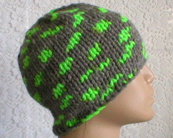 Gray neon green hat, winter hat, beanie hat, skull cap, knit hat, toque, gray hat, mens womens hat, chemo cap, gray knitted hat ski hiking