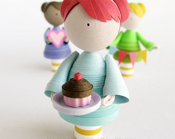 CUSTOM quilled paper art doll, home decor, cute nursery gift, paper quilling miniature, gift for her, personalized gift, cake topper