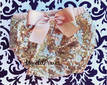 Gold Sparkle Sequins Baby Bloomer , Gold satin Bow, gold diaper cover, full sequins bloomer, Birthday bloomer, Pagant Diaper cover