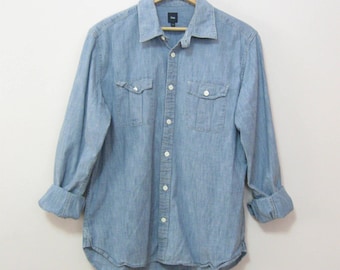 Vintage Men's Size L Long Sleeve Denim Shirt Two Tabbed Pockets GAP Shirt Tomboy Shirt Boyfriend Shirt See Details