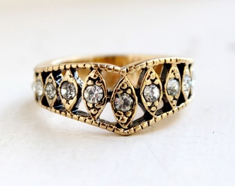 Vintage Edwardian Style Ring Antique 18 kt Yellow Gold Electroplated Band set with Clear Swarovski Crystals Made in USA #R1288