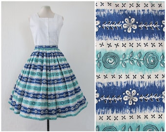 1950s Skirt 50s Full Skirt Aqua Blue Floral Striped Brushstroke Cotton 1960s Skirt Rhona Roy 28” Waist S M