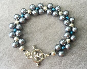 Blue grey silver pearl bracelet boho feminine everyday wear gift for her dramatic