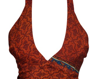 Boho Chic Sexy Red Stylish Crop Top Recycled Silk Tie Back Printed Vintage Halter Tops Blouse One Size