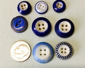 8 Vintage blue calico glass buttons