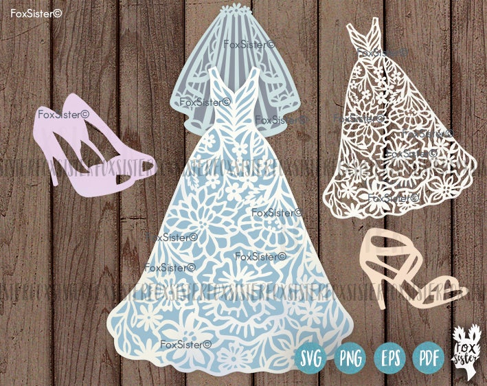 Download Dress Bride Wedding Bridal Dressing SVG Template veil shoes