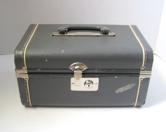 Vintage Space-Pac Gray Train Case Overnight Case Luggage Travel Storage
