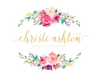 Watercolor Flowers Logo, Premade Logo Design, Circle Logo Branding, Wreath Logo, Gold Floral Logo, Blog Business Logo Photography Logo Stamp