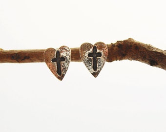 Silver Cross . Heart. Cross . Silver Heart Earrings, Small Heart Studs, Silver Cross Studs, Israeli Jewelry