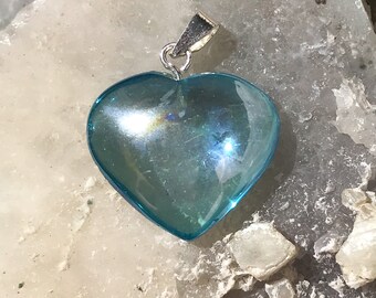 Aqua Aura Heart Pendant - Pure Joyful Energy- Sterling Silver bail - A Grade ! Beautiful