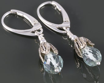Aquamarine Drop Earrings. Sterling Silver Leaves. Genuine Aquamarine. March Birthstone. Lever Back Ear Wires. s16e031