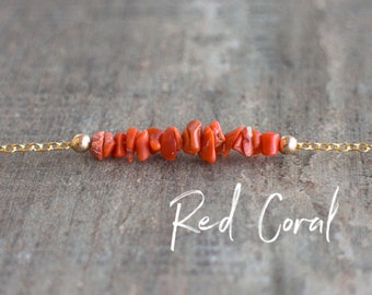 Red Coral Necklace, Crystal Necklace, Raw Stone Necklace, Summer Jewelry, Raw Coral Necklace, Gift for Women, Dainty Layering Necklace