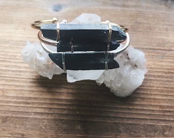 Black Crystal or Rose Quartz Gemstone Shiny Cuff in Silver Gold or Rose Gold Cuff Bracelet Crystal Cuff Bracelet Quartz Cuff
