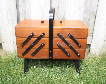 Vintage Wooden Sewing Box with Sectional Trays, Accordion Sewing Box, Sewing Storage Box, Sewing Box with Legs, Wood with Black Detail