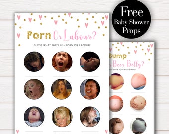 Twin Pack Pink 'Porn or Labour' &' Baby Bump or Beer Belly', Baby Shower Games, Porn or Labor Game, Its a Girl, Pregnant or Beer Belly