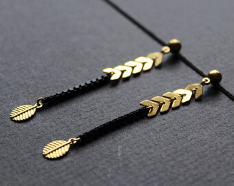 Leaf drop earrings black gold leaf earrings chevron earrings bijoux nature jewelry chain ear stud long dangle earrings - Folium Earrings