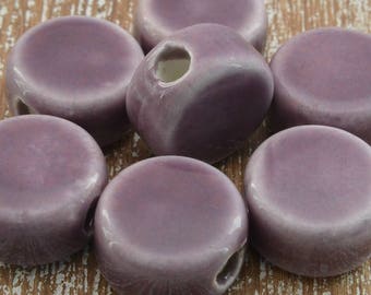 Purple Beads, Ceramic Beads, Coin Beads, Flat Beads, Jewellery Making Beads, 12mm Beads, Bead Supply, 12mm x 7mm, Pack of 10 Beads