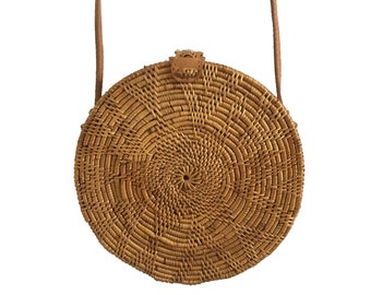 Star Pattern Handwoven Medium Bali Round Rattan Beach Bag with Button Clip