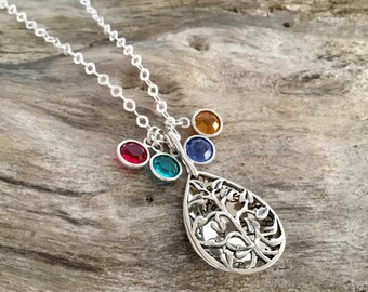 Mother Necklace with Birthstones | Personalized Tree locket with Birthstones | Name Locket | Sterling Silver | Christmas Gift for Mom
