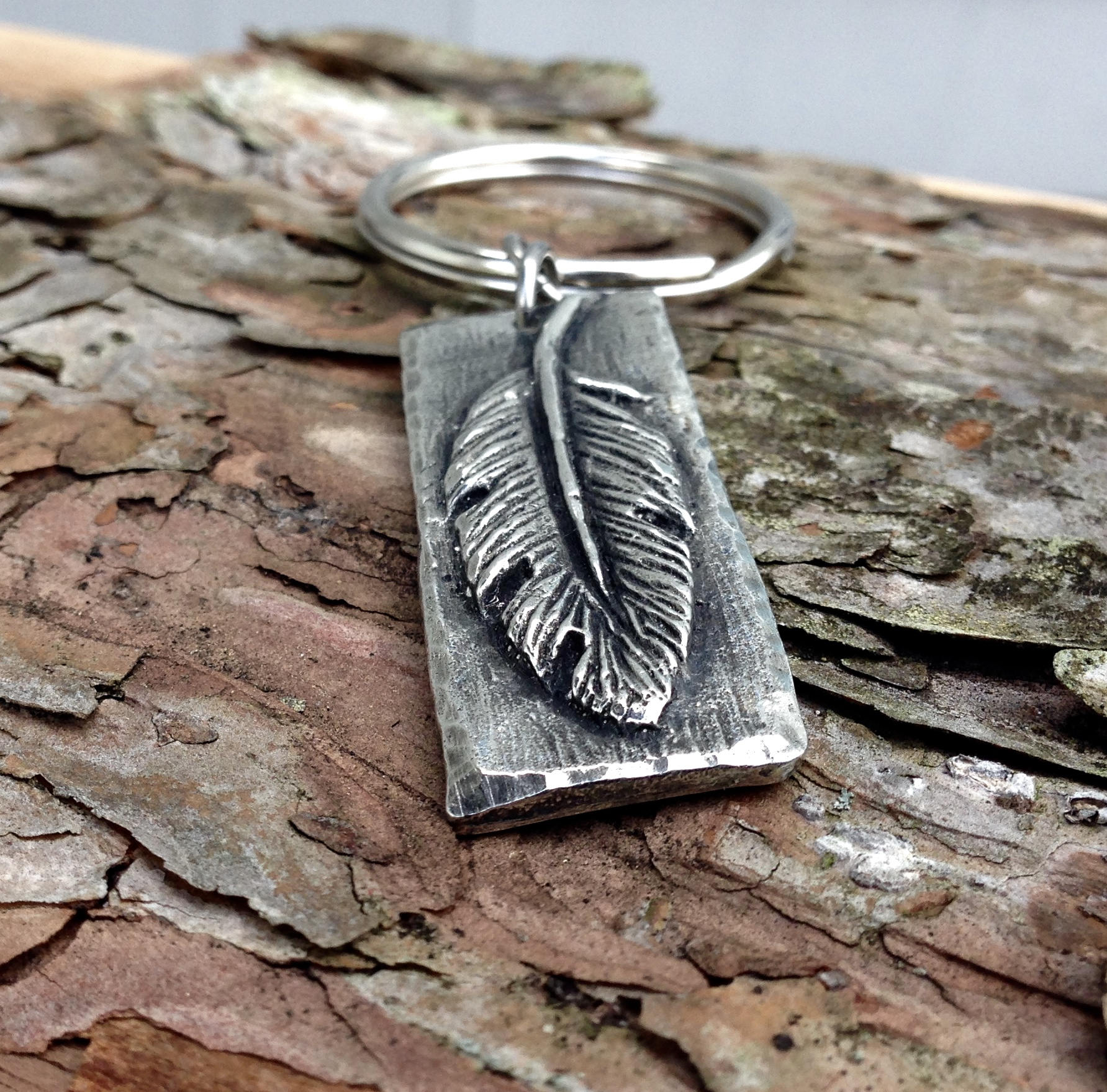 Feather Keychain Rustic Feather Key Ring Handcast Pewter