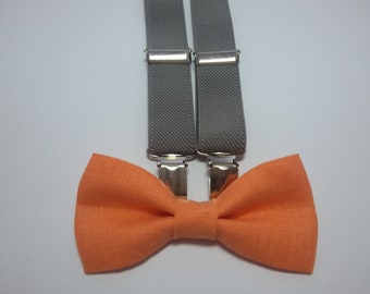 GRAY suspenders and ORANGE linen bow tie wedding accessories groom and groomsmen ring bearers set kids toddler (DLinen)